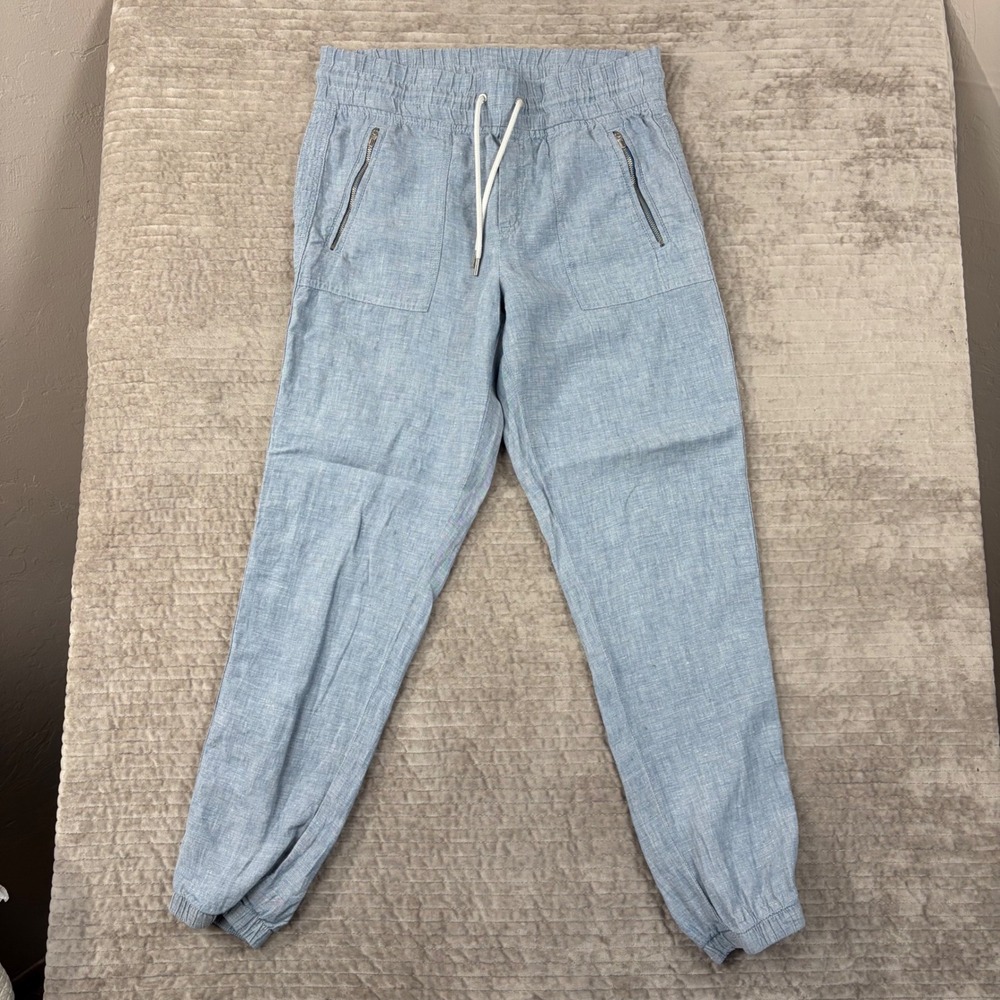 Athleta Cabo Linen Jogger Pant Blue Chambray Size 6 100% Linen Drawstring 530634